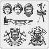 Fototapeta Młodzieżowe - Set of firefighter emblems, labels and design elements. Vector monochrome illustration.