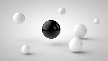 Poster - the image of groups of balls with different depth of field, white drop shadow, and randomly located in space, and one black ball in the center, on a white background. 3D rendering.