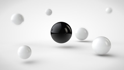 Poster - the image of groups of balls with different depth of field, white drop shadow, and randomly located in space, and one black ball in the center, on a white background. 3D rendering.