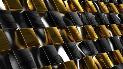 Poster - Golden image for the background with lots of gold and silver bars protruding from platinum sheet, chaos and order. 3D rendering