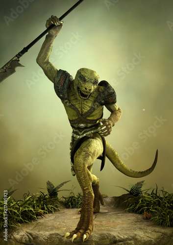 Fotografía Fantasy reptilian warrior with a spear in its hand.