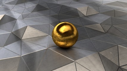 Poster - Futuristic, abstract image polygon silver metal, breaks, cracks and bends, reflections and shadows on jagged surfaces. Golden ball with the rust spots in the centre, close-up. 3D rendering.