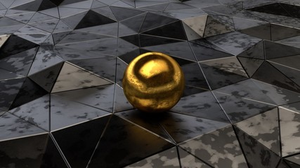 Poster - Futuristic  image of the polygons are black, rusty metal, breaks, cracks and bends, reflections and shadows on jagged surfaces. Golden ball with the rust spots in the centre, close-up 3D rendering.