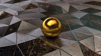 Poster - Futuristic image of the polygons of the old, rusty metal, breaks, cracks and bends, reflections and shadows on jagged surfaces. Golden ball with the rust spots in the centre, close-up. 3D rendering