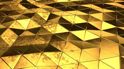 Poster - Futuristic, abstract image of the polygons of the gold metal with rust spots, faults and folds, reflections, and shadows on jagged surfaces. 3D rendering.