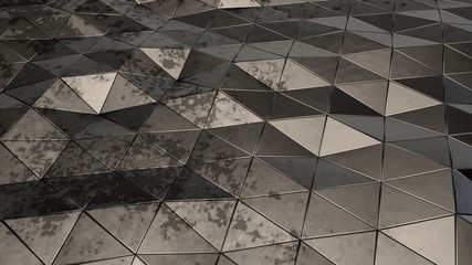 Poster - Futuristic, abstract image of the polygons are black metal with rust spots, faults and folds, reflections, and shadows on jagged surfaces. 3D rendering.