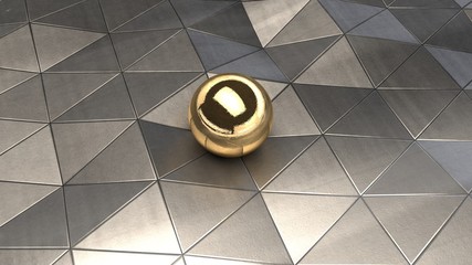 Poster - Futuristic, abstract image polygon silver metal, breaks, cracks and bends, reflections and shadows on jagged surfaces. The Golden ball in the center. 3D rendering.