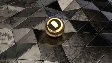 Poster - Futuristic, abstract image polygon silver metal stained ranks, breaks, cracks and bends, reflections and shadows on jagged surfaces. The Golden ball in the center. 3D rendering.