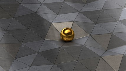 Poster - Futuristic, abstract image polygon silver metal stained ranks, breaks, cracks and bends, reflections and shadows on jagged surfaces. The Golden ball in the center. 3D rendering.