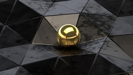 Poster - Futuristic, abstract image polygon silver metal stained ranks, breaks, cracks and bends, reflections and shadows on jagged surfaces. The Golden ball in the center. 3D rendering.