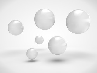 Poster - The image of the set of balls of different size, white color, randomly located in space. Image isolated on a white background. 3D rendering