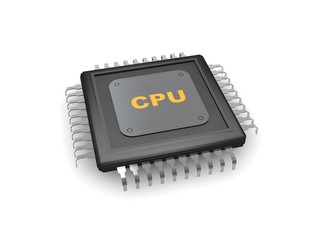 black, shiny processor with a metal scratched plate and gold text CPU, on a white background. 3D rendering