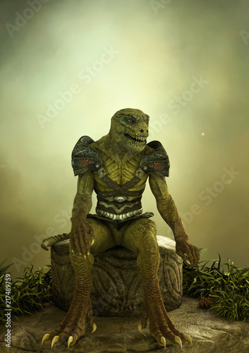 Cuadros en Lienzo Fantasy reptilian warrior sitting in a stone.