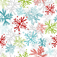 Snowflake Seamless Pattern. Repeating Pattern For Gift Wrap, Holiday Cards, Invitations, Decorations And More. Newspaper Cutout Snowflake Images. Colorful, Fun, Cute Print.