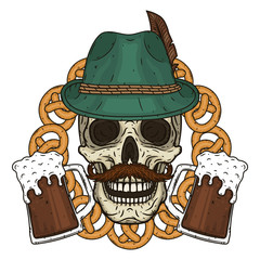 Wall Mural - Vector illustration of oktober fest. Skull in Tyrolean hat, with pretzels and glasses of beer.