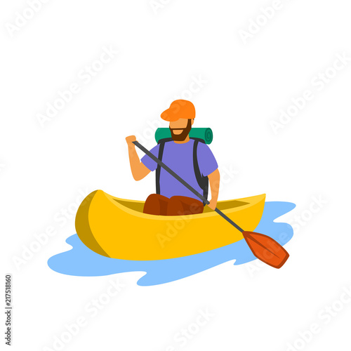 Fotografía young man traveling paddling canoe isolated vector illustration