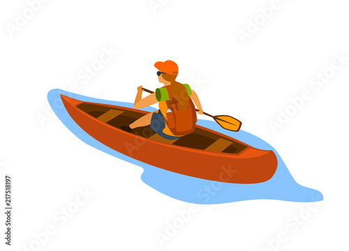 Fotomural woman traveling with backpack paddling canoe isolated vector illustration