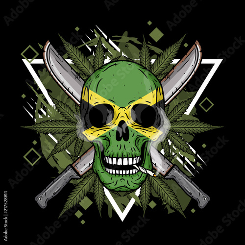 Fotografie, Obraz Human skull with two crossed machetes, marijuana leaf and Jamaican flag in hand drawn style