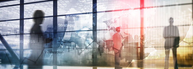 Wall Mural - Business abstract background double exposure graph, chart and diagram. World wide map and. Global business and financial trading concept.