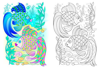 Wall Mural - Colorful and black and white pattern for coloring. Drawing of couple of fishes dancing underwater. Worksheet for children and adults. Vector cartoon image.