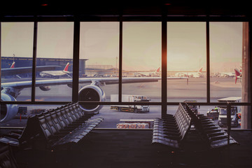 beautiful modern airport terminal and airplane waiting in the gate