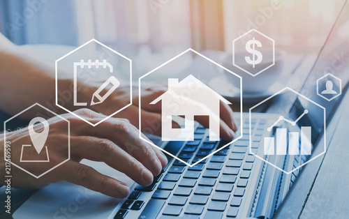 Cuadros en Lienzo real estate concept, property value diagram, hands typing on computer as backgro