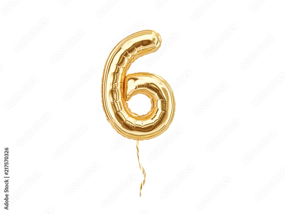 Numeral 6. Foil balloon number six isolated on white background - obrazy, fototapety, plakaty 