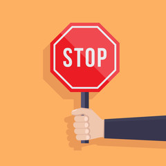 stop sign illustration flat, hand hold stop sign, flat design vector illustration