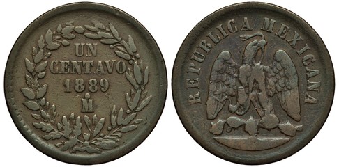 Wall Mural - Mexico Mexican coin 1 one centavo 1889, Second Republic, face value and date flanked by laurel springs, eagle on cactus catching snake, patina,