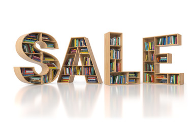 Poster - Sale from bookshelf with book in form of letters isolated on white background. Back to school sales concept.
