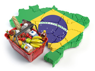 Wall Mural - Market basket or consumer price index in Brazil. Shopping basket with foods on the map of Brazil.