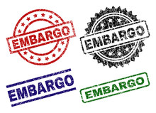 EMBARGO Seal Prints With Corroded Surface. Black, Green,red,blue Vector Rubber Prints Of EMBARGO Title With Corroded Style. Rubber Seals With Circle, Rectangle, Rosette Shapes.