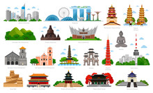 Travel To Asia. Singapore, Indonesia, China And South Korea, Taiwan, Vietnam. Big Collection Of Famous Landmarks. Cityscape, Buildings And Attractions. Vector Flat Illustration