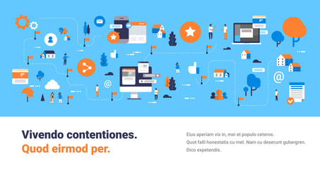 Poster - develop map mobile computer screen chat interface online messenger concept isometric people communic
