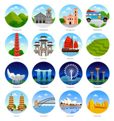 Travel to Asia, Australia. Singapore, Philippines, Taiwan and Vietnam. Set of icons. Cityscape, buildings, landmarks and attractions. Collection of round vector illustration
