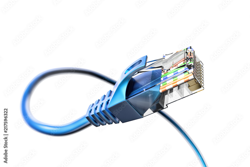 Network connection, internet communication and computer technology concept, closeup view of curved ethernet cable plug connector isolated on white background - obrazy, fototapety, plakaty 