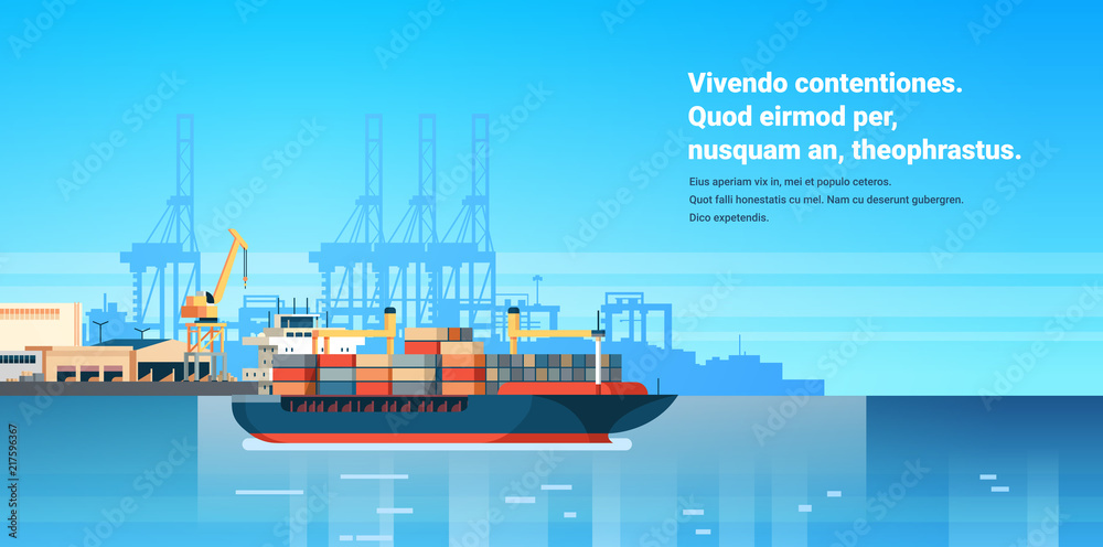 Industrial sea port cargo logistics container import export freight ship crane water delivery transportation concept shipping dock flat horizontal copy space vector illustration - obrazy, fototapety, plakaty 