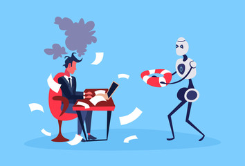 Poster - businessman hard working process robot hold lifebuoy bot helper artificial intelligence concept blue background full length flat vector illustration