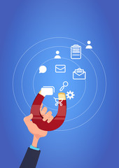 Poster - hand hold magnet communication icon pulling. chat support processing concept over blue background fl