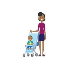 Wall Mural - african mother baby son in stroller full length avatar on white background, successful family concept, flat cartoon vector illustration