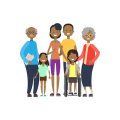 Wall Mural - african grandparents parents children girl wheelchair , multi generation family, full length avatar on white background, happy family together concept, tree of genus flat cartoon vector illustration