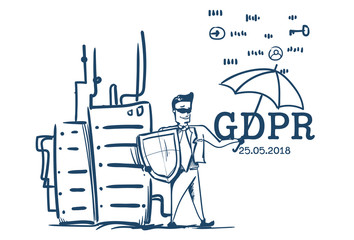 Poster - man in business suit shield hold umbrella hosting General Data Protection Regulation GDPR hosting server security guard over white background hand drawn vector illustration