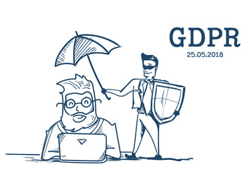 Poster - man in business suit shield hold umbrella client working office desk General Data Protection Regulation GDPR server security guard over white background hand drawn vector illustration