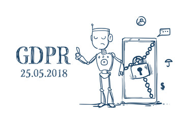 Poster - robot hold padlock safe Artificial Intelligence General Data Protection Regulation GDPR server security guard over white background hand drawn vector illustration