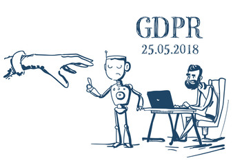 Poster - do not touch hand pointing robot businessman working office desk General Data Protection Regulation GDPR server security guard over white background hand drawn vector illustration