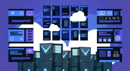 Poster - infographic map over data storage cloud synchronization center with hosting servers and staff. Computer technology, network and database, internet center, communication support, flat vector