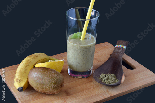 Fotografie, Obraz fruit shake with kiwi, banana, hemp protein and lemon juice