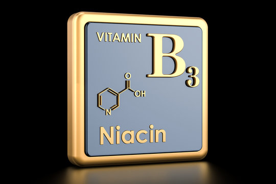 Vitamin B3, niacin. Icon, chemical formula, molecular structure. 3D rendering