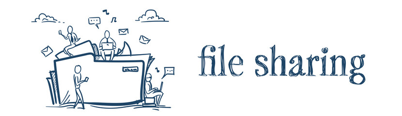 Poster - Cloud data storage folder file sharing service concept businesspeople working together over white background sketch doodle banner vector illustration