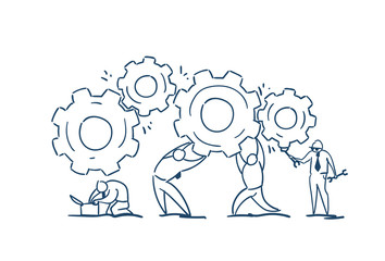 Poster - business people group twisting gear wheel working together process strategy concept sketch doodle ve
